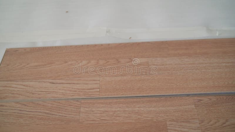 επιδιόρθωση και ιδέα κατοικίας κοντά στα αρσενικά χέρια, τοποθετώντας ξύλινα δάπεδα. ο εργαζόμενος τοποθετεί το στρώμα. απόθεμα βίντεο