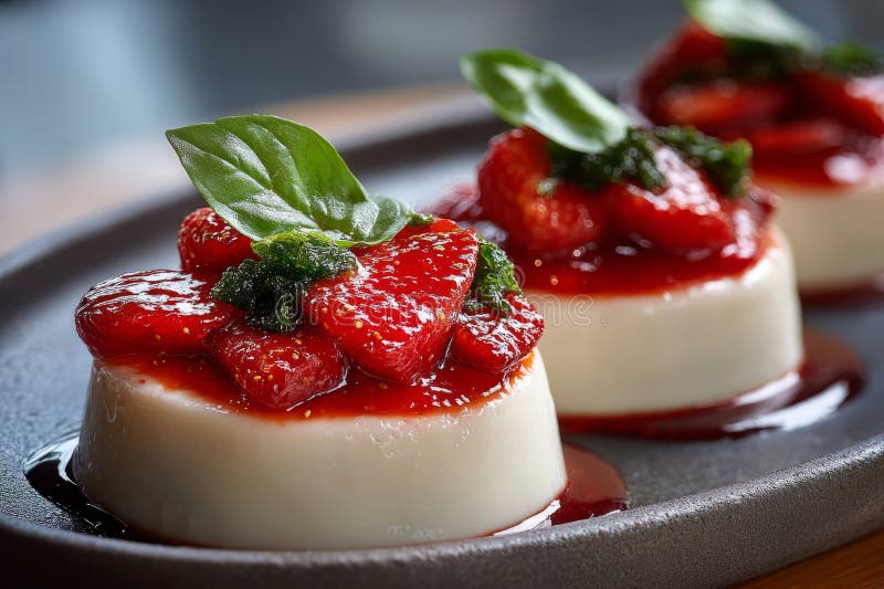 Επιδόρπιο panna cotta με σάλτσα φράουλας και φύλλα βασιλικού στοκ εικόνες