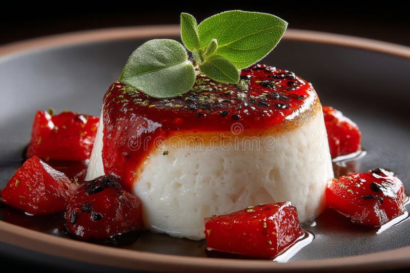 Επιδόρπιο panna cotta με σάλτσα φράουλας και φύλλα βασιλικού στοκ φωτογραφίες