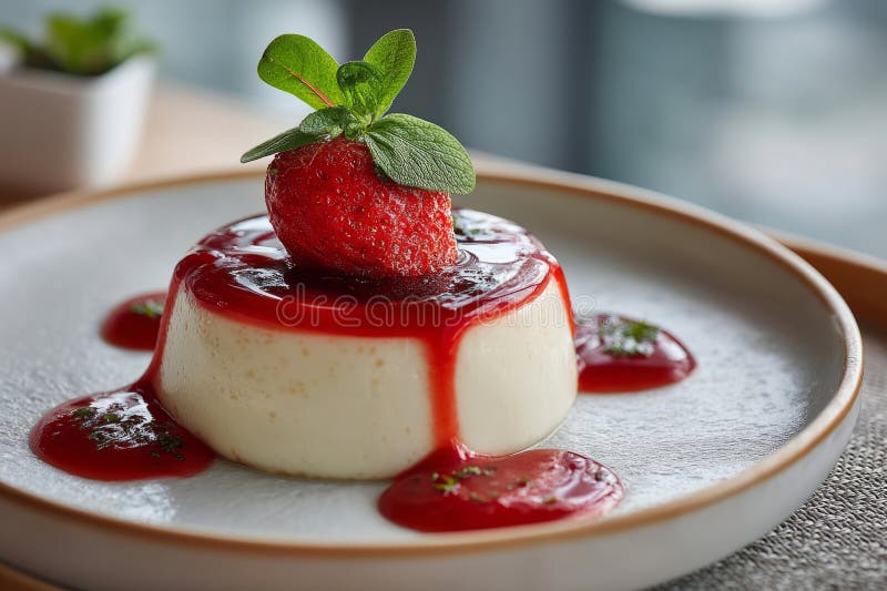 Επιδόρπιο panna cotta με σάλτσα φράουλας και φύλλα βασιλικού στοκ φωτογραφίες