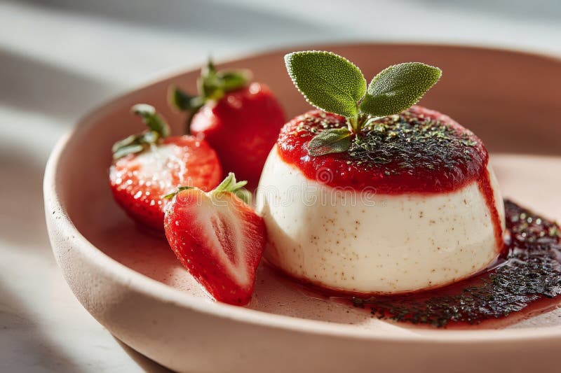 Επιδόρπιο panna cotta με σάλτσα φράουλας και φύλλα βασιλικού στοκ εικόνες