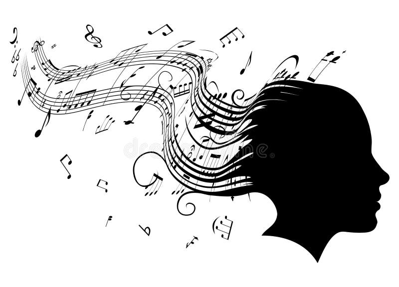 Conceptual illustration of a woman's head in profile with hair turning into sheet music musical notes. Conceptual illustration of a woman's head in profile with hair turning into sheet music musical notes