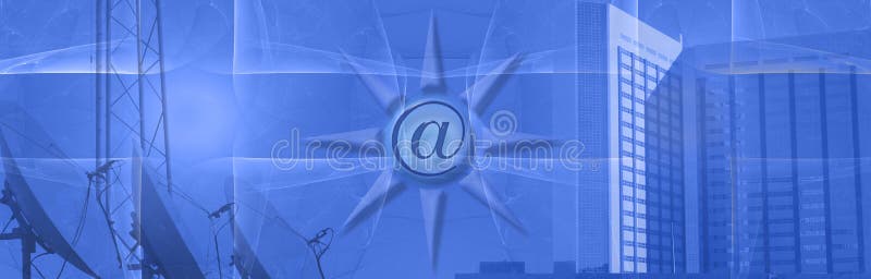 This blue banner shows a skyscraper with a grid pattern, a part of a communication tower and in the middel a sunshape with an @. All together these metaphors mean successful e-commerce / business by using Internet connections. This blue banner shows a skyscraper with a grid pattern, a part of a communication tower and in the middel a sunshape with an @. All together these metaphors mean successful e-commerce / business by using Internet connections.