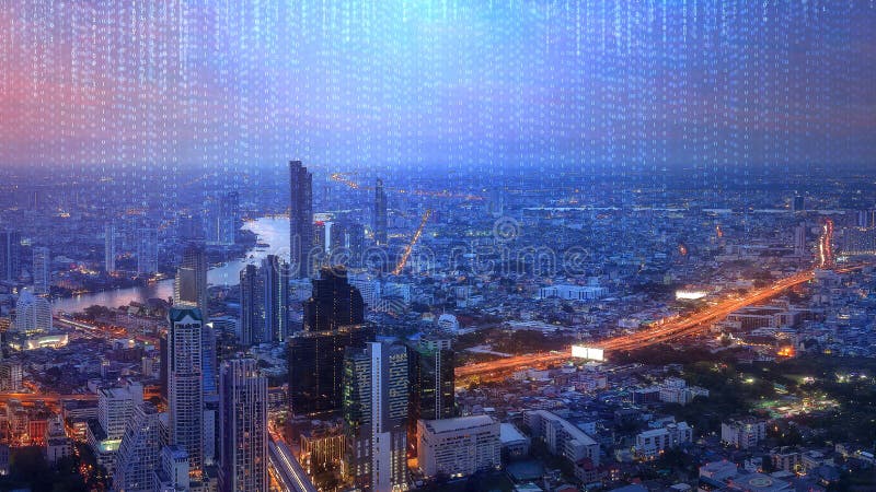 επικοινωνία και δίκτυο διαδικτύου σύνδεση σε έξυπνη πόλη ψηφιακή μεταμόρφωση διαταραχή. προβολή βραδιάς cyberpunk απεικόνιση αποθεμάτων