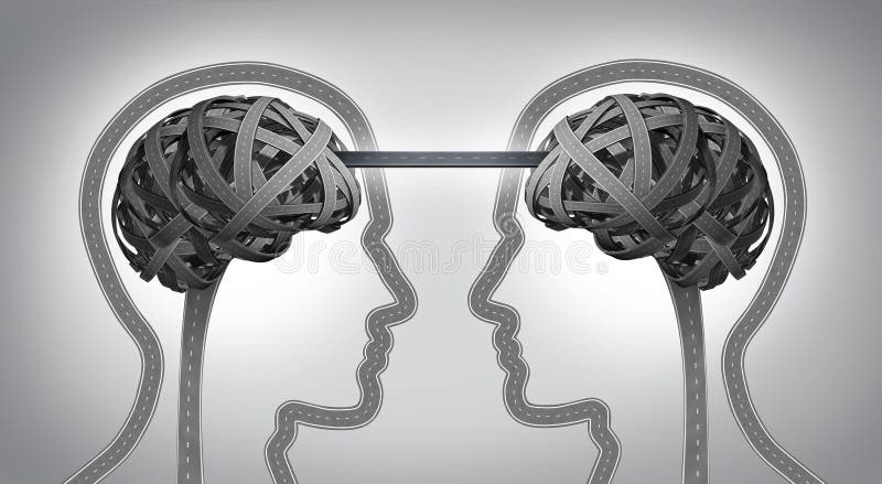 Direction communication business concept for building a bridge between two team members with symbols of human heads and brain made from tangled roads and highways connected together with a street as an icon of unity and agreement success. Direction communication business concept for building a bridge between two team members with symbols of human heads and brain made from tangled roads and highways connected together with a street as an icon of unity and agreement success.