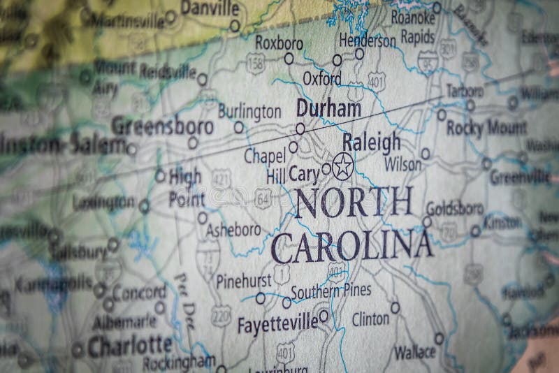 Closeup Selective Focus Of North Carolina State On A Geographical And Political State Map Of The USA. Closeup Selective Focus Of North Carolina State On A Geographical And Political State Map Of The USA