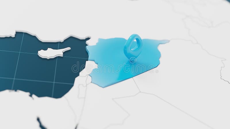 Επισήμανση με μπλε χάρτη 3d της Συρίας, με καρφίτσα δείκτη περιτριγυρισμένο από άλλες χώρες με λευκό. Πολιτικός χάρτης με απεικόνιση αποθεμάτων