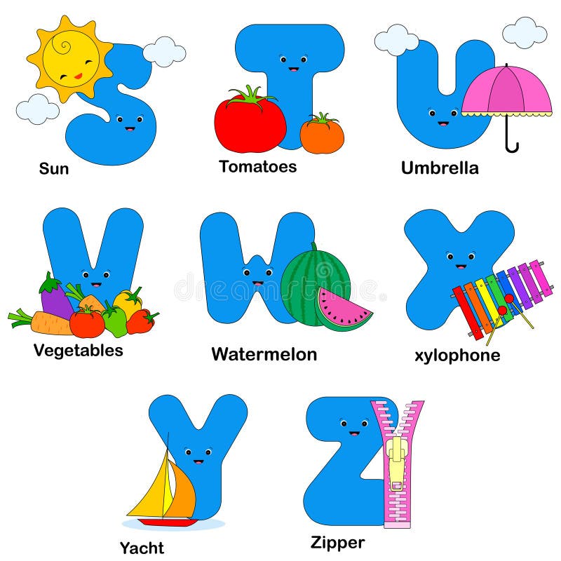Illustration of alphabet letters with beautiful images of sun, tomatoes, umbrella, vegetables watermelon xylophone yacht and zipper. Illustration of alphabet letters with beautiful images of sun, tomatoes, umbrella, vegetables watermelon xylophone yacht and zipper