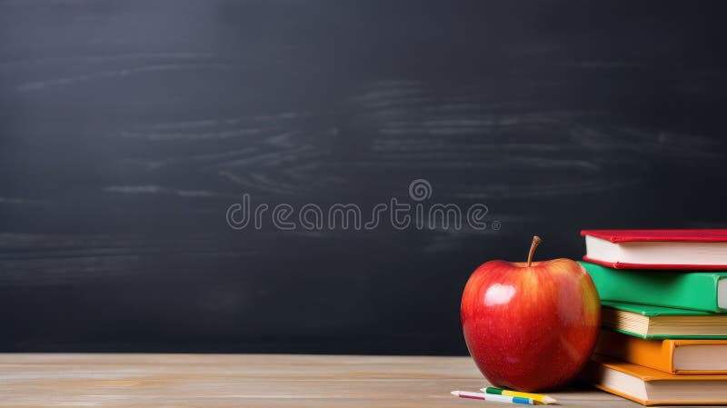 επιστροφή στη σχολική έννοια σωρευμένα βιβλία και σχεδίαση μήλων. γενική ai απεικόνιση αποθεμάτων