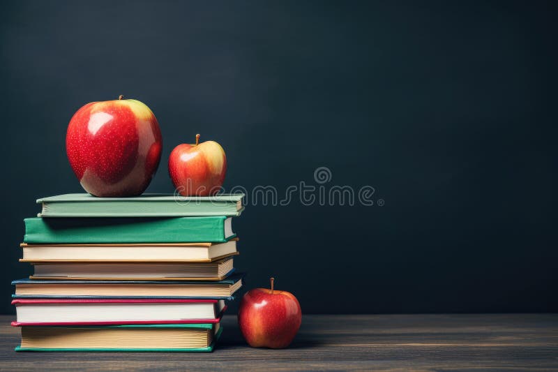 επιστροφή στη σχολική έννοια φορητοί υπολογιστές στοιβαγμένοι σε ένα τραπέζι και σε ένα σχέδιο μήλου. γενική ai ελεύθερη απεικόνιση δικαιώματος