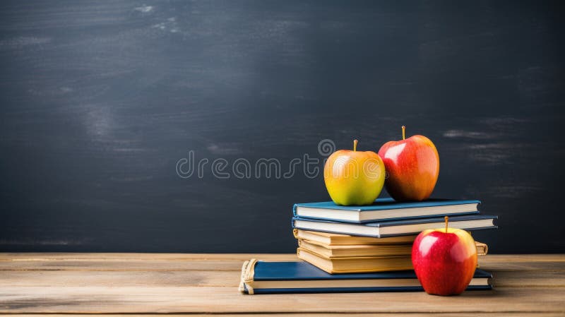 επιστροφή στο σχολικό βιβλίο ιδεών και το σχέδιο μήλου στο τραπέζι. γενική ai ελεύθερη απεικόνιση δικαιώματος