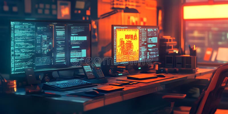Επιφάνεια εργασίας Neon επιτραπέζιου σταθμού εργασίας Cyberpunk Hacker ελεύθερη απεικόνιση δικαιώματος