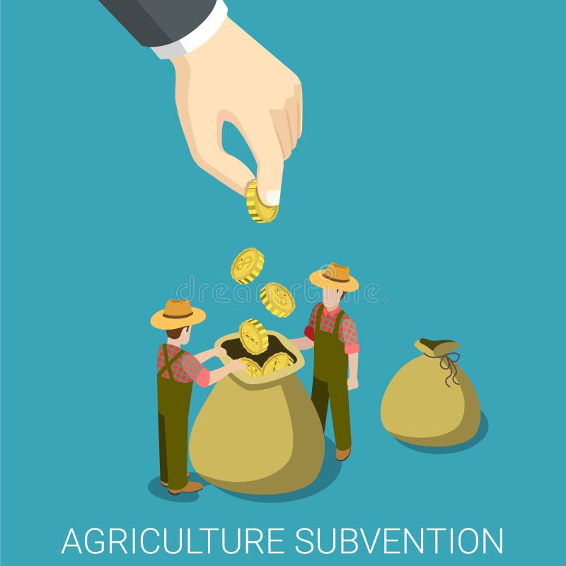 Agriculture subvention farming business government isometry concept flat 3d isometric web infographics illustration. Big hand seed to farmers bag. Creative people collection. Agriculture subvention farming business government isometry concept flat 3d isometric web infographics illustration. Big hand seed to farmers bag. Creative people collection.