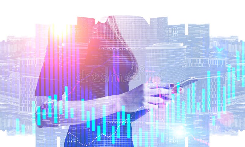 Επιχειρηματίας με το smartphone, μπλε γραφική παράσταση στοκ εικόνες