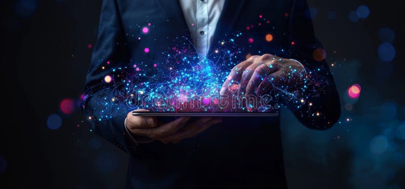 επιχειρηματίας που κρατά tablet με τη χρήση της μελλοντικής τεχνολογίας ολογράμματος διανυσματική απεικόνιση