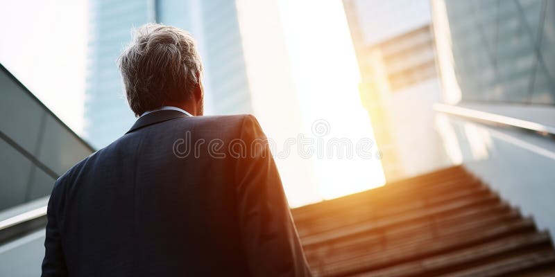 επιχειρηματίας που στέκεται στη βάση των κλιμακοστασίων και κοιτάζει προς τα πάνω με αποφασιστικότητα ελεύθερη απεικόνιση δικαιώματος