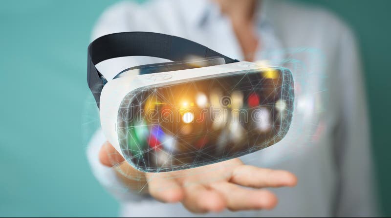 Businesswoman on blurred background using virtual reality glasses technology 3D rendering. Businesswoman on blurred background using virtual reality glasses technology 3D rendering