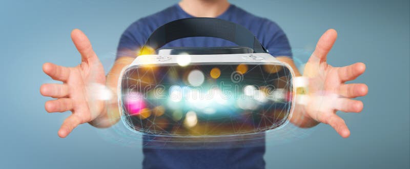 Businessman on blurred background using virtual reality glasses technology 3D rendering. Businessman on blurred background using virtual reality glasses technology 3D rendering
