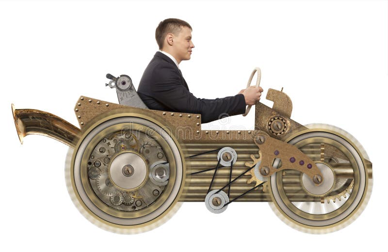 Young businessman driving fast on a toy car. Steampunk style. Photo compilation. Young businessman driving fast on a toy car. Steampunk style. Photo compilation