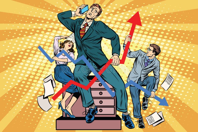 Businessmen and sales schedules pop art retro style. The businessman in the image of Laocoon and his sons. Ancient myths. Businessmen and sales schedules pop art retro style. The businessman in the image of Laocoon and his sons. Ancient myths