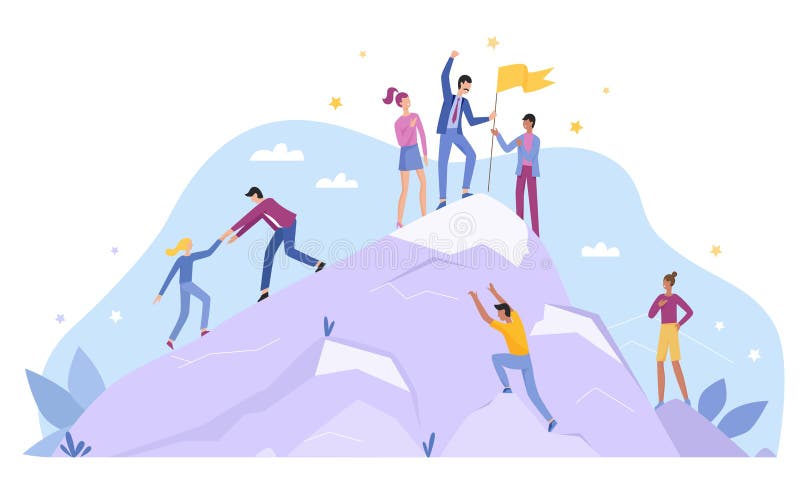 Business people characters climb top peak landing page flat vector illustration concept. Leadership and teamwork, Team leader show way, motivate to success, award trophy flag, competitive environment. Business people characters climb top peak landing page flat vector illustration concept. Leadership and teamwork, Team leader show way, motivate to success, award trophy flag, competitive environment.