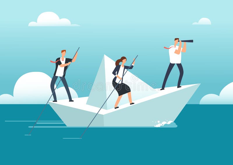Business team with leader sailing on paper boat in ocean of opportunities to goal. Successful teamwork and leadership vector concept. Success people with main manager illustration. Business team with leader sailing on paper boat in ocean of opportunities to goal. Successful teamwork and leadership vector concept. Success people with main manager illustration