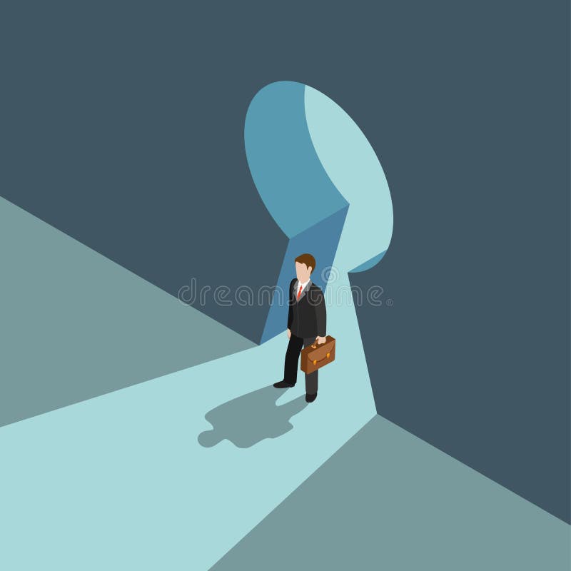 Business solution concept flat 3d web isometric infographic vector. Businessman standing on big keyhole doorway over shadow. Creative people collection. Business solution concept flat 3d web isometric infographic vector. Businessman standing on big keyhole doorway over shadow. Creative people collection.