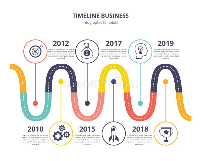 Timeline business infographic template - wave line chart with historic process of invention or progress, presentation page template with historic date years - isolated flat vector illustration. Timeline business infographic template - wave line chart with historic process of invention or progress, presentation page template with historic date years - isolated flat vector illustration