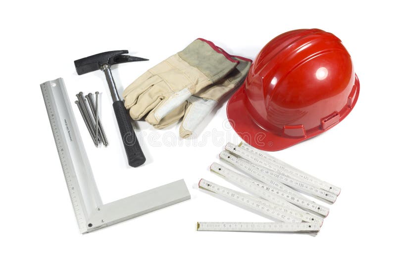 Εργαλεία κατασκευής - προστατευτικά Hardhat, γάντια, σφυρί, καρφιά και Straightedge που απομονώνονται στο λευκό στοκ εικόνα με δικαίωμα ελεύθερης χρήσης Εργαλεία κατασκευής - προστατευτικά Hardhat, γάντια, σφυρί, καρφιά και Straightedge που απομονώνονται στο λευκό στοκ εικόνα με δικαίωμα ελεύθερης χρήσης