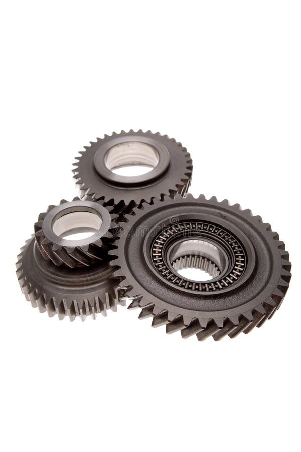 Three gears meshing together over white. Three gears meshing together over white