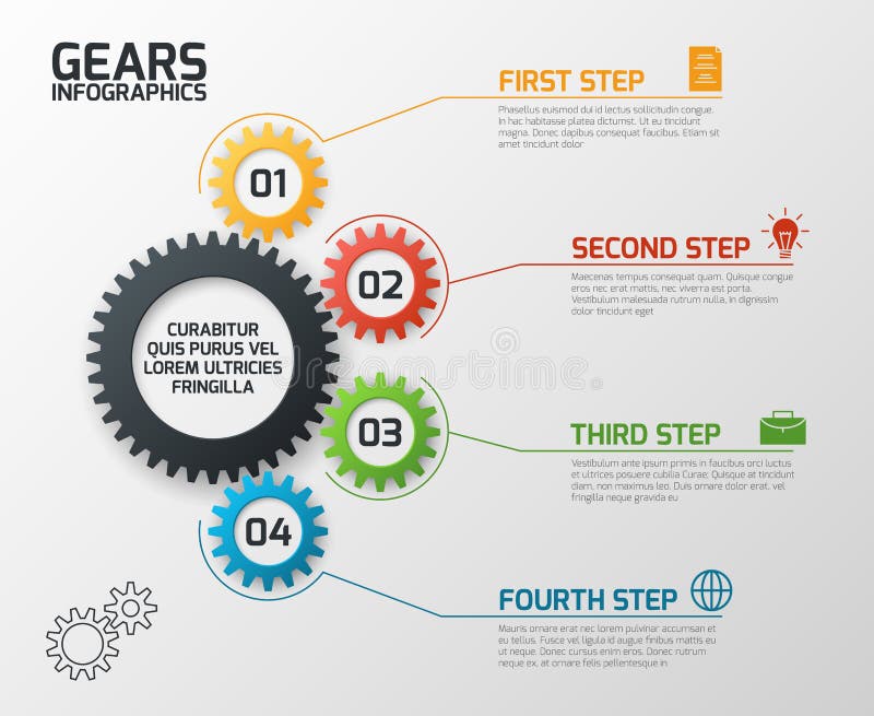 Gears infographics. Cogs gearing process planning, timeline and engineering infochart with options vector presentation template. Chart process, infochart data plan gear illustration. Gears infographics. Cogs gearing process planning, timeline and engineering infochart with options vector presentation template. Chart process, infochart data plan gear illustration