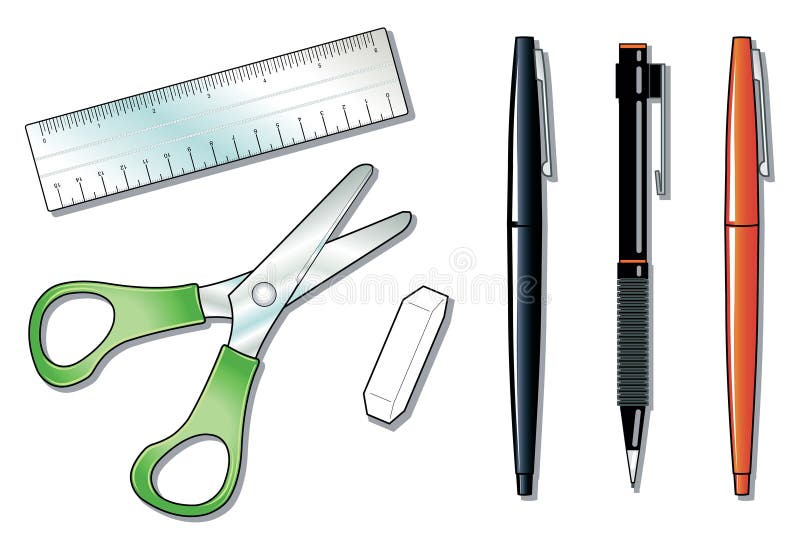 Illustration that depicts some objects in the office: pens, pencils, scissors, rubber, ruler. Illustration that depicts some objects in the office: pens, pencils, scissors, rubber, ruler