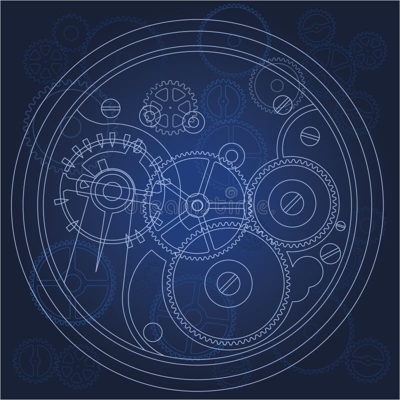 Frontal view of engineering blueprint with gears. Frontal view of engineering blueprint with gears