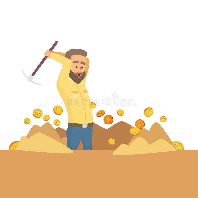 εργασία ανθρακωρύχων. εργαζόμενοι με το pickaxe να σπάει χρυσές πέτρες και να εξορύσσει νομίσματα. χαρακτήρας διανύσματος ελεύθερη απεικόνιση δικαιώματος
