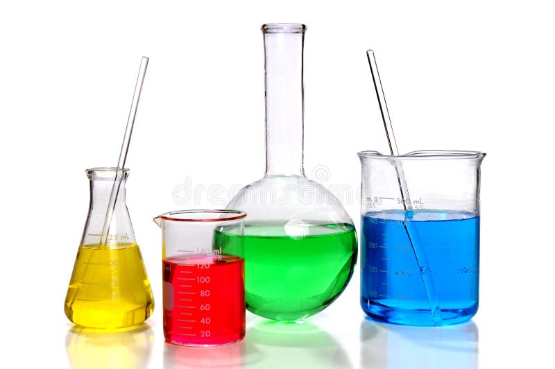 Laboratory glassware with Flasks and beaker over white background. Laboratory glassware with Flasks and beaker over white background