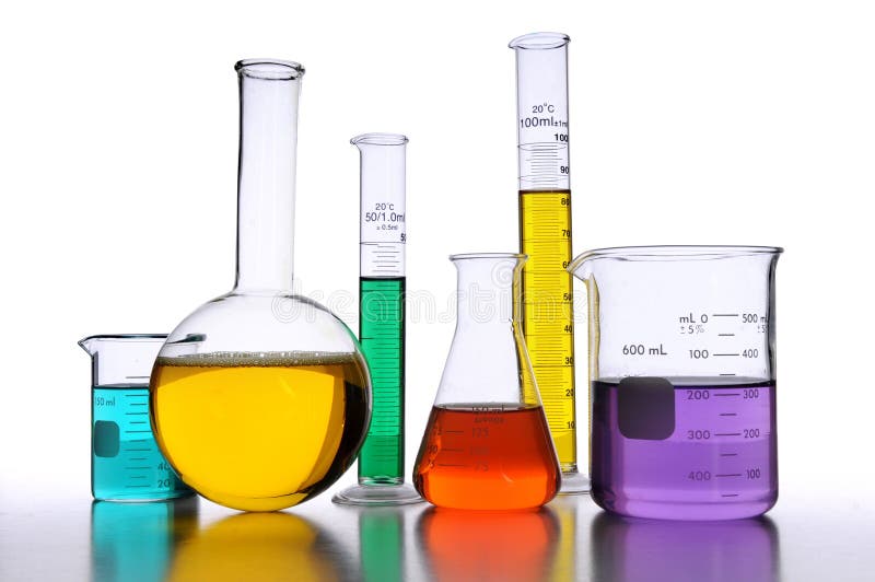 Laboratory glassware with liquids of different colors over white background. Laboratory glassware with liquids of different colors over white background