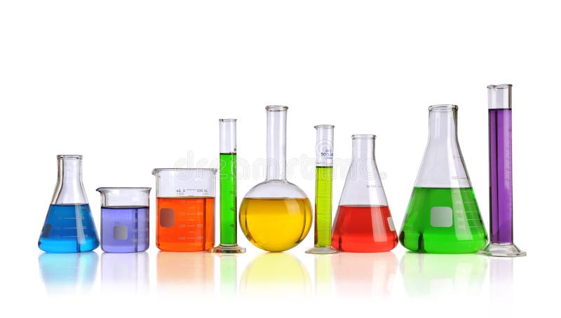 Laboratory glassware with liquids of different colors isolated over white background. Laboratory glassware with liquids of different colors isolated over white background