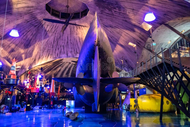 Tallinn, Estonia. June 1, 2021: Estonian Maritime Museum at Seaplane Harbour Lennusadam. View of Submarine-Lembit - World War II Kalev class submarine, 1936. Tallinn, Estonia. June 1, 2021: Estonian Maritime Museum at Seaplane Harbour Lennusadam. View of Submarine-Lembit - World War II Kalev class submarine, 1936