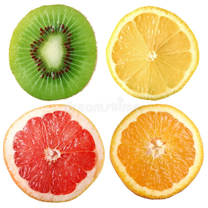 Cuts of lemon, orange, grapefruit and kiwi are on a white background. Cuts of lemon, orange, grapefruit and kiwi are on a white background.