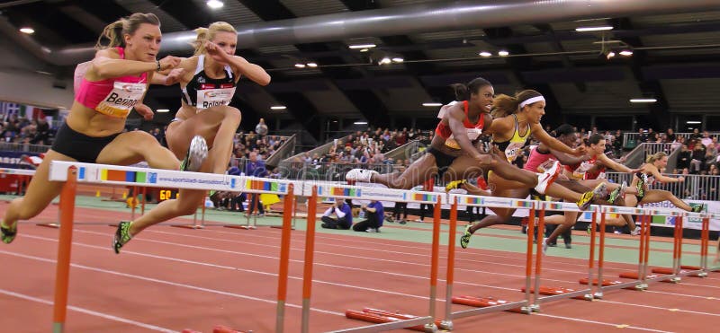 The PSD Bank sponsored Indoor Athletics Meeting attracts the worlds best athletes who come to Duesseldorf Germany every year to compete in this event. This event is for many the last opportunity to qualify for the London 2012 Olympic games . In this photo taken during the 60m ladies hurdles are Eline Berings (Bel) Cindy Roleder (Ger) Danielle Carruthers (USA) Lolo Jones (USA) Yvette Lewis (USA) Lucie Skrobakova (Cze). The PSD Bank sponsored Indoor Athletics Meeting attracts the worlds best athletes who come to Duesseldorf Germany every year to compete in this event. This event is for many the last opportunity to qualify for the London 2012 Olympic games . In this photo taken during the 60m ladies hurdles are Eline Berings (Bel) Cindy Roleder (Ger) Danielle Carruthers (USA) Lolo Jones (USA) Yvette Lewis (USA) Lucie Skrobakova (Cze).