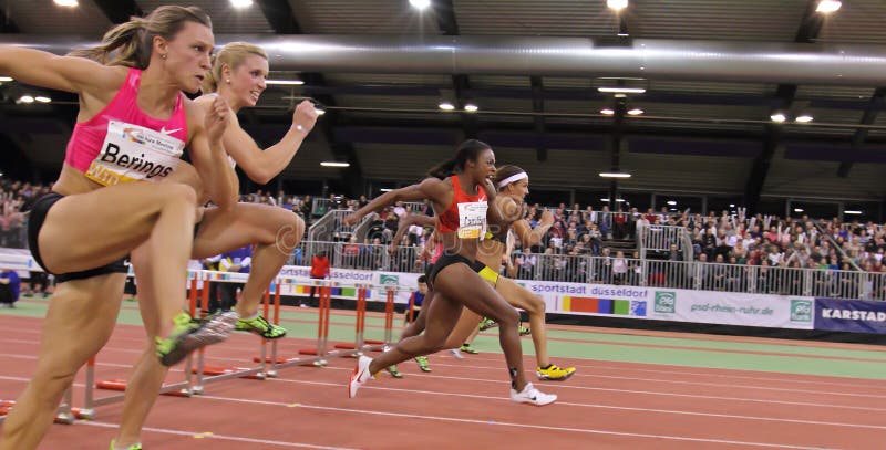 The PSD Bank sponsored Indoor Athletics Meeting attracts the worlds best athletes who come to Duesseldorf Germany every year to compete in this event. This event is for many the last opportunity to qualify for the London 2012 Olympic games . In this photo taken during the 60m ladies hurdles are Eline Berings (Bel) Cindy Roleder (Ger) Danielle Carruthers (USA) Lolo Jones (USA) Yvette Lewis (USA) Lucie Skrobakova (Cze). The PSD Bank sponsored Indoor Athletics Meeting attracts the worlds best athletes who come to Duesseldorf Germany every year to compete in this event. This event is for many the last opportunity to qualify for the London 2012 Olympic games . In this photo taken during the 60m ladies hurdles are Eline Berings (Bel) Cindy Roleder (Ger) Danielle Carruthers (USA) Lolo Jones (USA) Yvette Lewis (USA) Lucie Skrobakova (Cze).