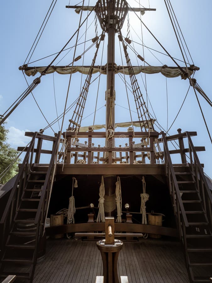 Inside view of the mast and stern of the historical replica carrack ship Nao Victoria in Seville, Andalusia, Spain. Inside view of the mast and stern of the historical replica carrack ship Nao Victoria in Seville, Andalusia, Spain