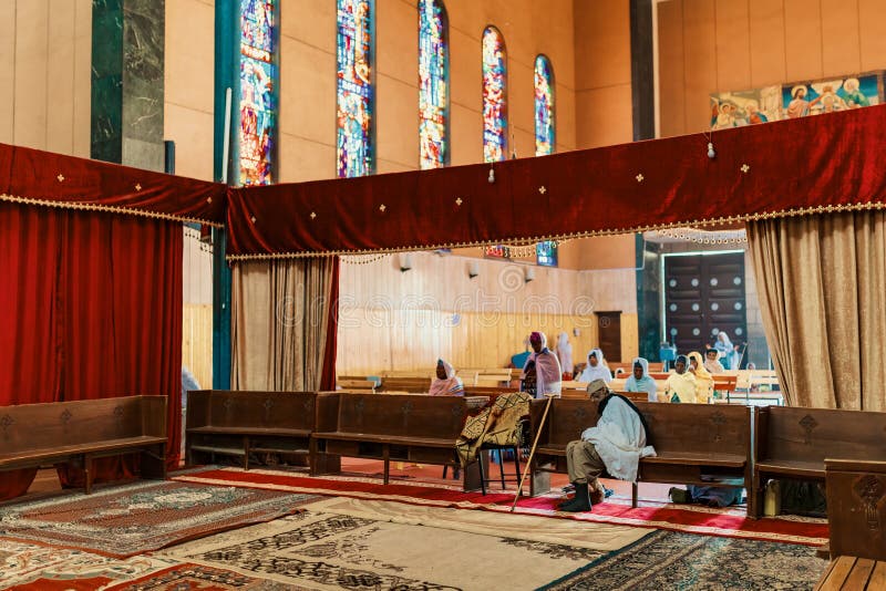 Debre Libanos, Ethiopia - April 19, 2019: Interior of Debre Libanos, monastery in Ethiopia, lying northwest of Addis Ababa in the Semien Shewa Zone of the Oromia Region. Ethiopia Africa. Debre Libanos, Ethiopia - April 19, 2019: Interior of Debre Libanos, monastery in Ethiopia, lying northwest of Addis Ababa in the Semien Shewa Zone of the Oromia Region. Ethiopia Africa