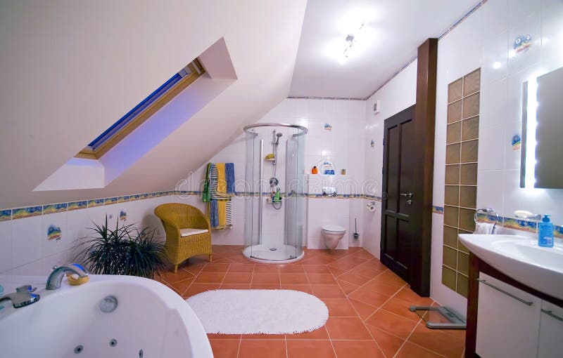 A modern bathroom interior, wide angle, roof window design. Another perspective on image nr 2618181. A modern bathroom interior, wide angle, roof window design. Another perspective on image nr 2618181
