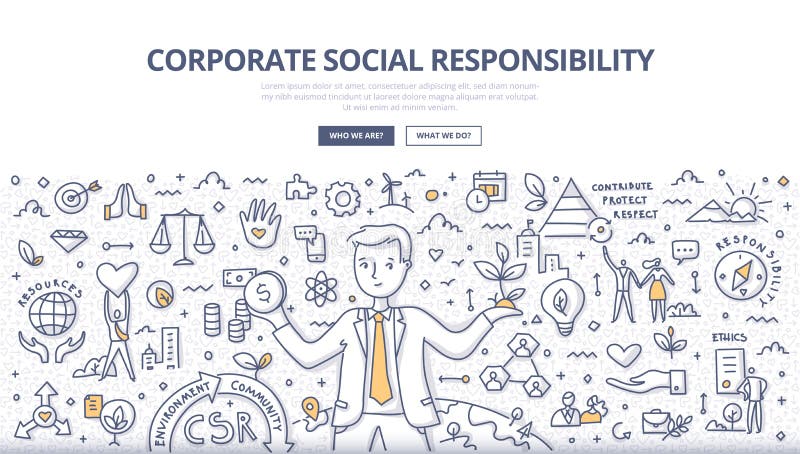 Corporate social responsibility concept. Businessman balances holding money in one hand and tree in another. He takes responsibility for the social and environmental impacts of his business operations. CSR. Sustainable development. Doodle illustration for web banners, hero images, printed materials. Corporate social responsibility concept. Businessman balances holding money in one hand and tree in another. He takes responsibility for the social and environmental impacts of his business operations. CSR. Sustainable development. Doodle illustration for web banners, hero images, printed materials