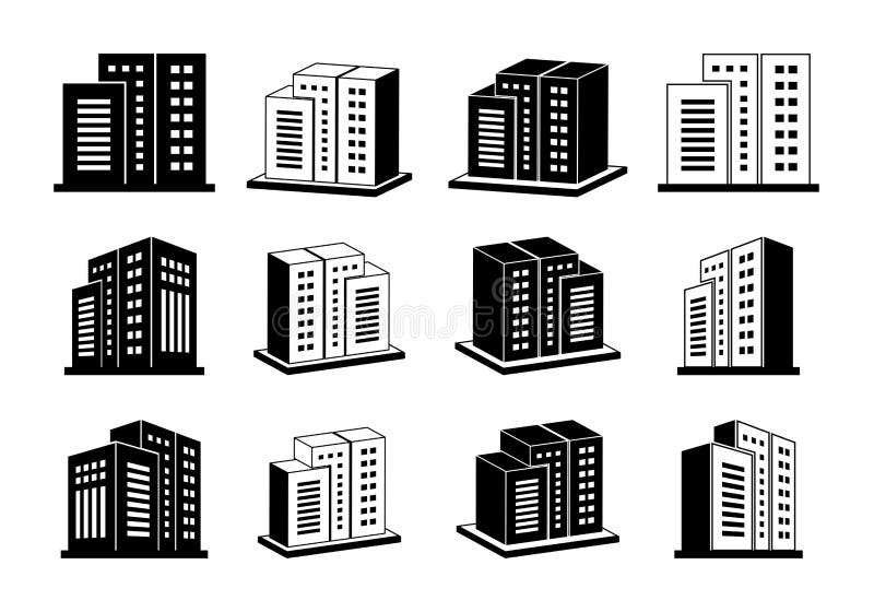 Company icon and silhouette building, 3D bank and office vector set, Line modern construction on white background. Company icon and silhouette building, 3D bank and office vector set, Line modern construction on white background