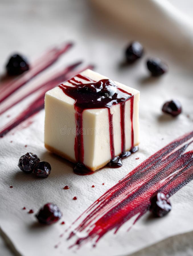 Ευαίσθητος κύβος cheesecake, διακοσμημένος με σάλτσα Berry και περιτριγυρισμένος από φρέσκα μούρα που σερβίρονται σε χαρτί περγαμη στοκ φωτογραφία με δικαίωμα ελεύθερης χρήσης