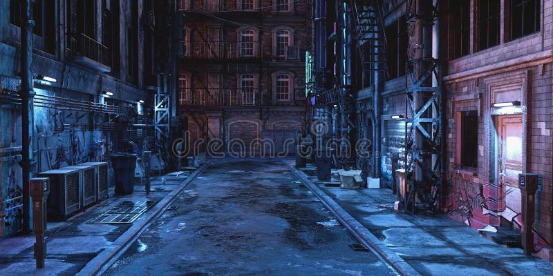 ευρεία πανοραμική άποψη μιας σκοτεινής μελλοντικής διαδικτυακής οδού cyberpunk city στο νυχτερινό 3d απεικόνιση απεικόνιση αποθεμάτων