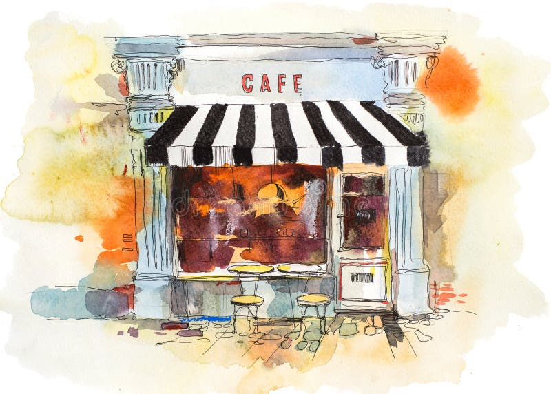 Ευρωπαϊκή αναδρομική απεικόνιση Watercolor εστιατορίων ή καφέδων ελεύθερη απεικόνιση δικαιώματος