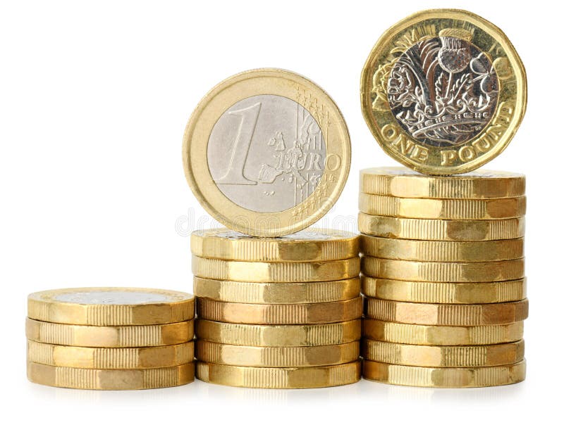 Increasing stack of coins with one euro and one pound coin isolated on a white background. Increasing stack of coins with one euro and one pound coin isolated on a white background